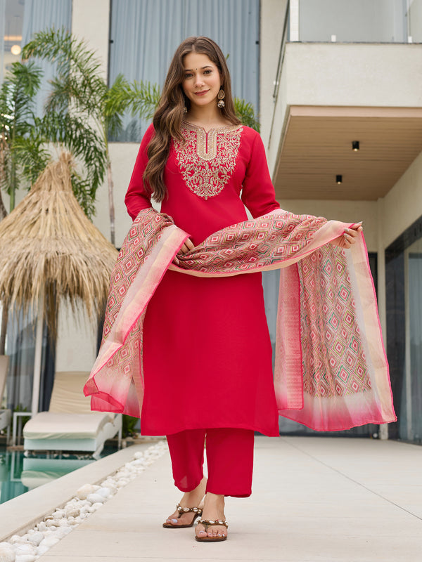 Women's Rayon Slub Embroidered Straight Kurta with Pant & Dupatta Set