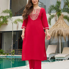 Women's Rayon Slub Embroidered Straight Kurta with Pant & Dupatta Set