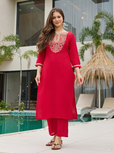 Women's Rayon Slub Embroidered Straight Kurta with Pant & Dupatta Set