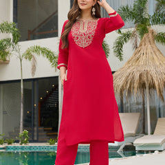 Women's Rayon Slub Embroidered Straight Kurta with Pant & Dupatta Set