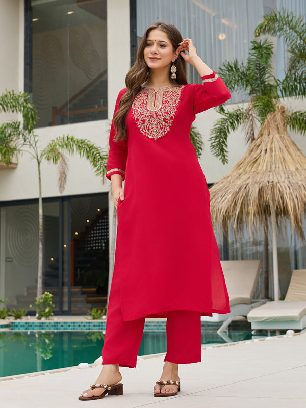 Women's Rayon Slub Embroidered Straight Kurta with Pant & Dupatta Set