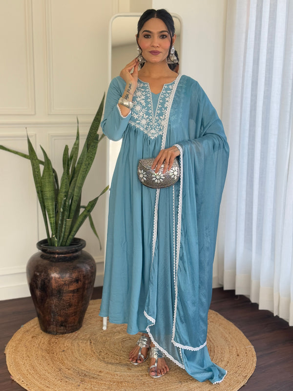 Firoji BSY Viscose Embroidered Flared Kurta Set