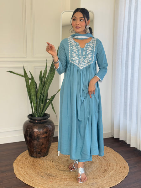 Firoji BSY Viscose Embroidered Flared Kurta Set