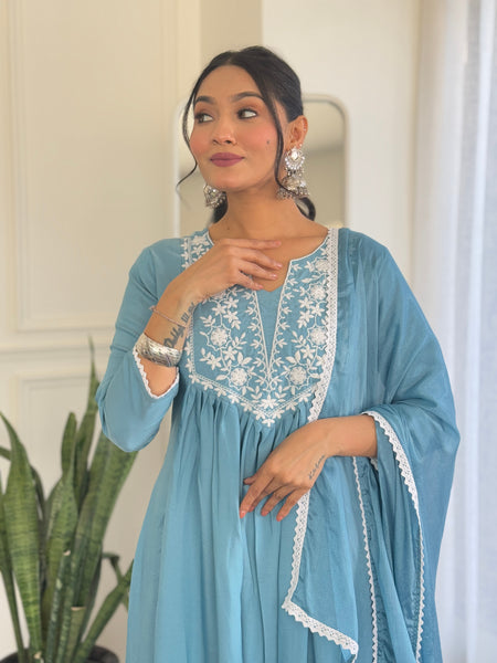 Firoji BSY Viscose Embroidered Flared Kurta Set