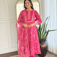 Women's Rayon Embroidered Flared Kurta with Rayon Pant & Taby Printed Dupatta Set
