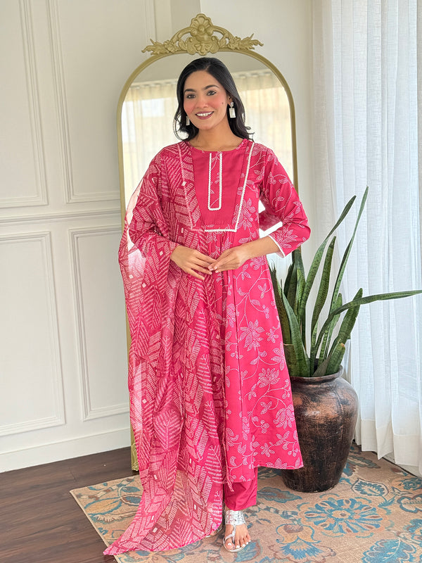 Women's Rayon Embroidered Flared Kurta with Rayon Pant & Taby Printed Dupatta Set