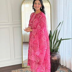 Women's Rayon Embroidered Flared Kurta with Rayon Pant & Taby Printed Dupatta Set