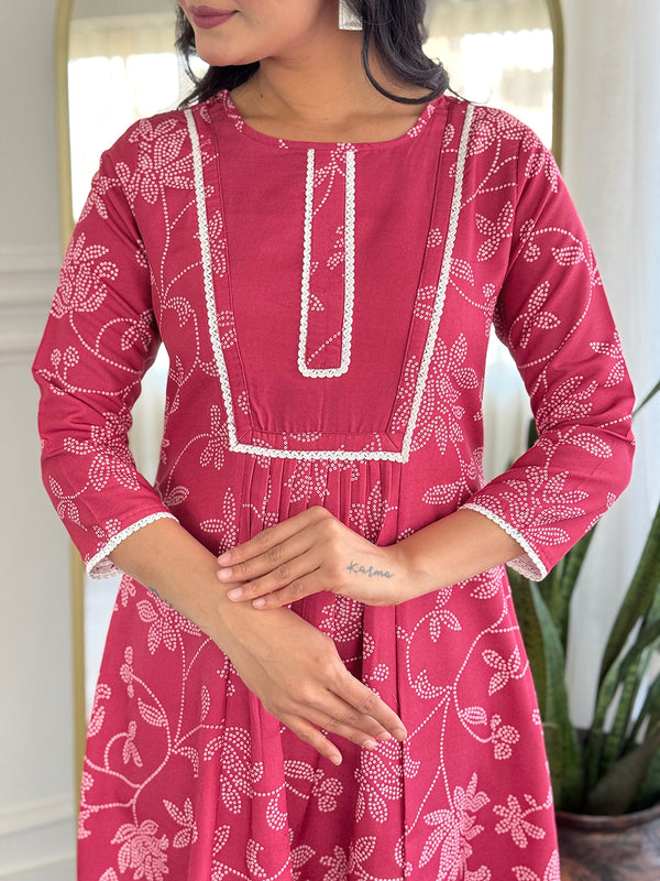 Women's Rayon Embroidered Flared Kurta with Rayon Pant & Taby Printed Dupatta Set