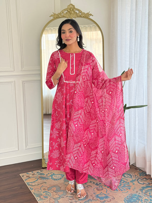 Women's Rayon Embroidered Flared Kurta with Rayon Pant & Taby Printed Dupatta Set