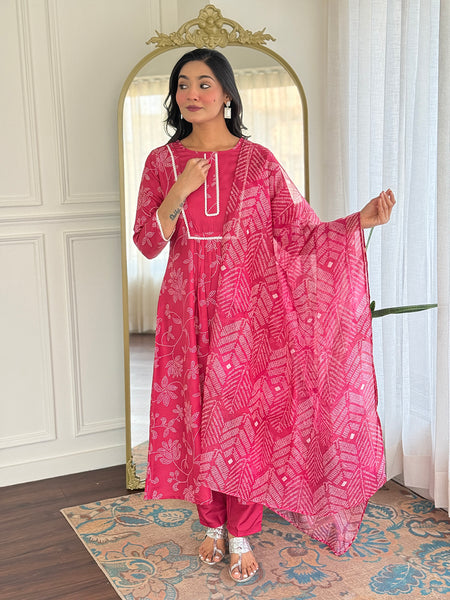 Women's Rayon Embroidered Flared Kurta with Rayon Pant & Taby Printed Dupatta Set