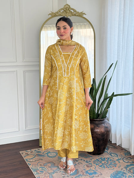 Women's Rayon Printed A-Line Kurta with Rayon Pant & Taby Printed Dupatta Set
