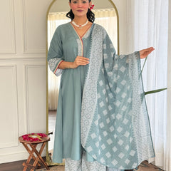 Women's Rayon Embroidered A-Line Kurta Pant & Taby Printed Dupatta Set