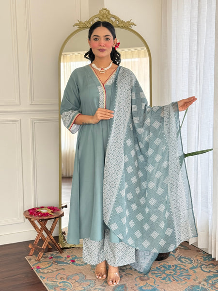 Women's Rayon Embroidered A-Line Kurta Pant & Taby Printed Dupatta Set