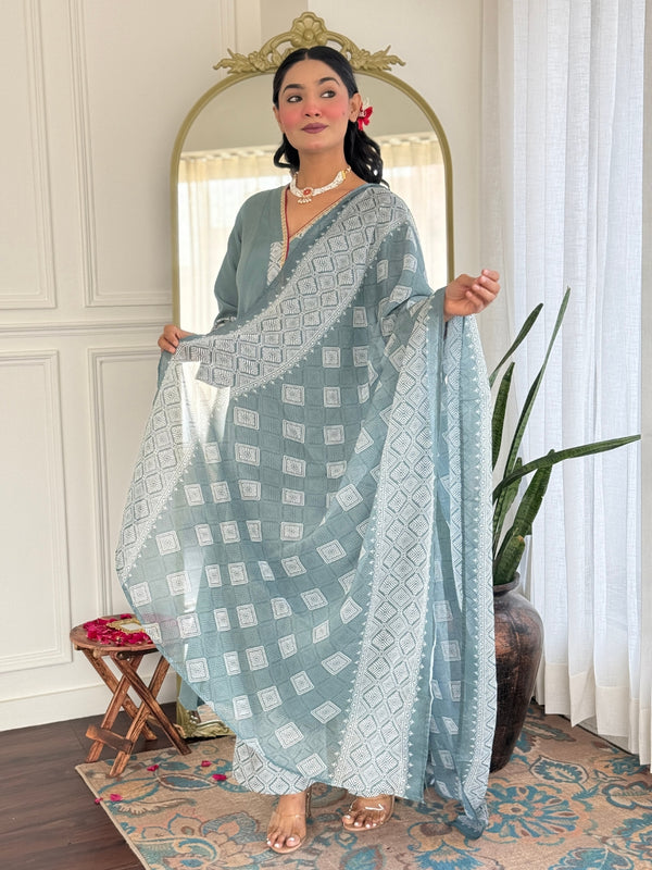 Women's Rayon Embroidered A-Line Kurta Pant & Taby Printed Dupatta Set