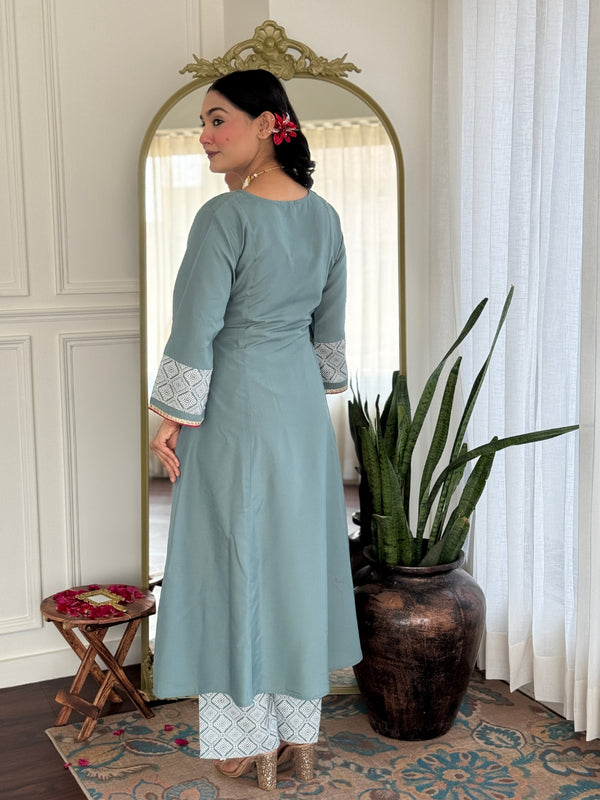 Women's Rayon Embroidered A-Line Kurta Pant & Taby Printed Dupatta Set