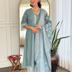 Women's Rayon Embroidered A-Line Kurta Pant & Taby Printed Dupatta Set