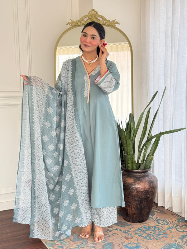 Women's Rayon Embroidered A-Line Kurta Pant & Taby Printed Dupatta Set