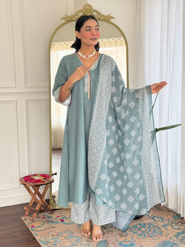Women's Rayon Embroidered A-Line Kurta Pant & Taby Printed Dupatta Set