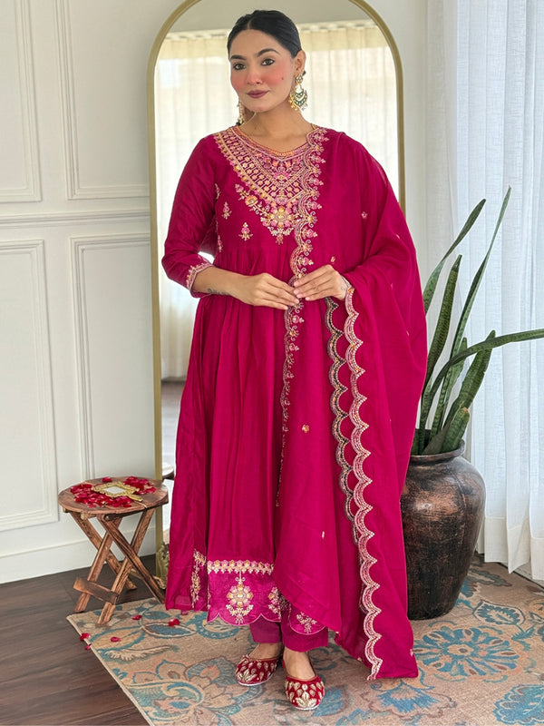 Women's Vichitra Silk Printed Flared Kurta Rayon Pant & Vichitra Silk Dupatta Set