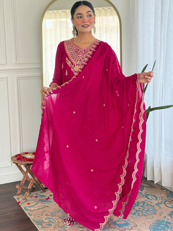 Women's Vichitra Silk Printed Flared Kurta Rayon Pant & Vichitra Silk Dupatta Set