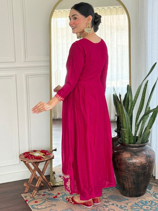 Women's Vichitra Silk Printed Flared Kurta Rayon Pant & Vichitra Silk Dupatta Set