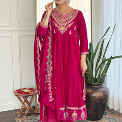 Women's Vichitra Silk Printed Flared Kurta Rayon Pant & Vichitra Silk Dupatta Set