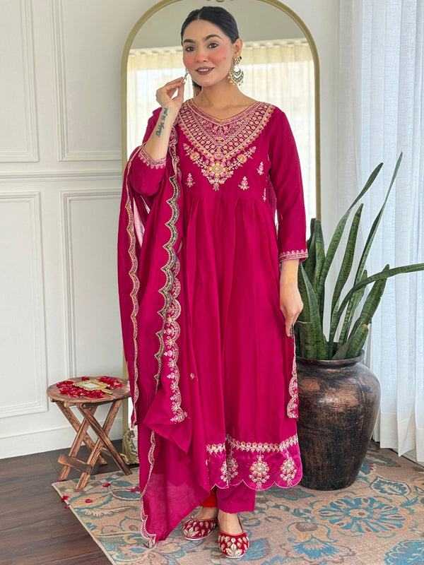 Women's Vichitra Silk Printed Flared Kurta Rayon Pant & Vichitra Silk Dupatta Set
