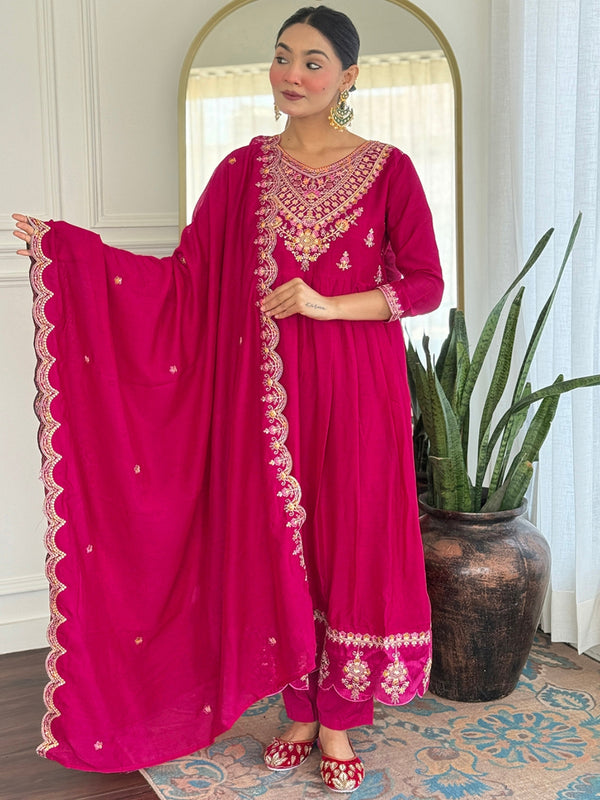 Women's Vichitra Silk Printed Flared Kurta Rayon Pant & Vichitra Silk Dupatta Set