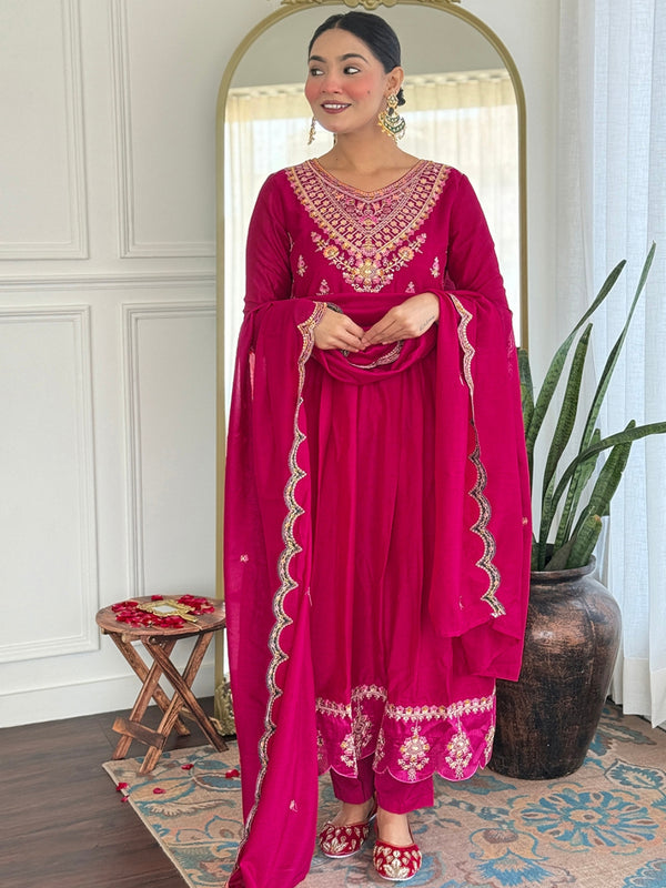 Women's Vichitra Silk Printed Flared Kurta Rayon Pant & Vichitra Silk Dupatta Set
