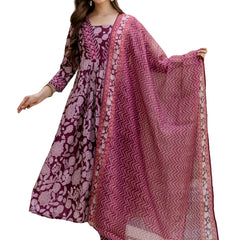 Women's Rayon Printed Flared Kurta Pant & Linen Dupatta Set