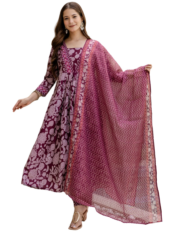 Women's Rayon Printed Flared Kurta Pant & Linen Dupatta Set