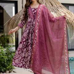 Women's Rayon Printed Flared Kurta Pant & Linen Dupatta Set