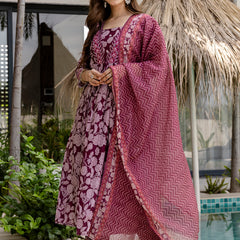 Women's Rayon Printed Flared Kurta Pant & Linen Dupatta Set