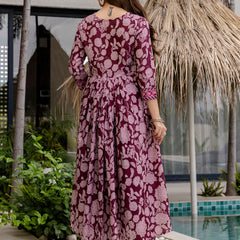 Women's Rayon Printed Flared Kurta Pant & Linen Dupatta Set