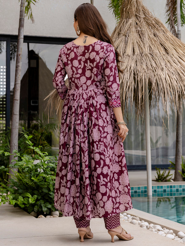 Women's Rayon Printed Flared Kurta Pant & Linen Dupatta Set