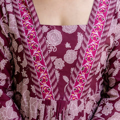 Women's Rayon Printed Flared Kurta Pant & Linen Dupatta Set