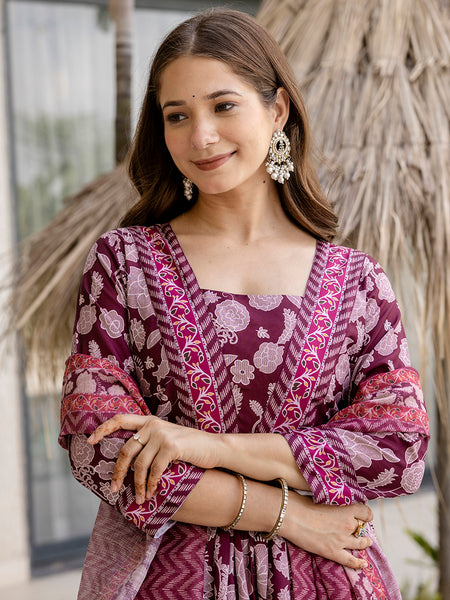 Women's Rayon Printed Flared Kurta Pant & Linen Dupatta Set