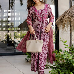Women's Rayon Printed Flared Kurta Pant & Linen Dupatta Set