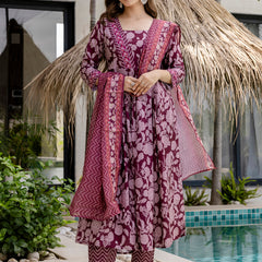 Women's Rayon Printed Flared Kurta Pant & Linen Dupatta Set