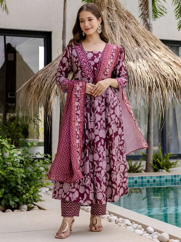 Women's Rayon Printed Flared Kurta Pant & Linen Dupatta Set