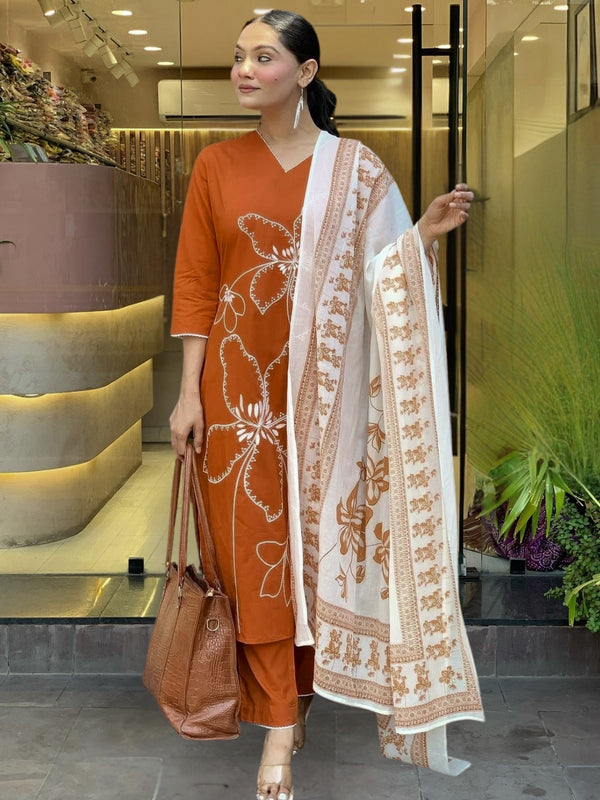 Women's Rayon Printed Kurta Pant & Cotton Print Dupatta Set