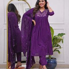 Women's Rayon Embroidered Flared Kurta Pant & Chanderi Dupatta Set