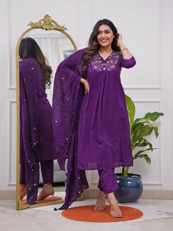 Women's Rayon Embroidered Flared Kurta Pant & Chanderi Dupatta Set