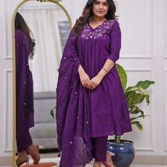 Women's Rayon Embroidered Flared Kurta Pant & Chanderi Dupatta Set