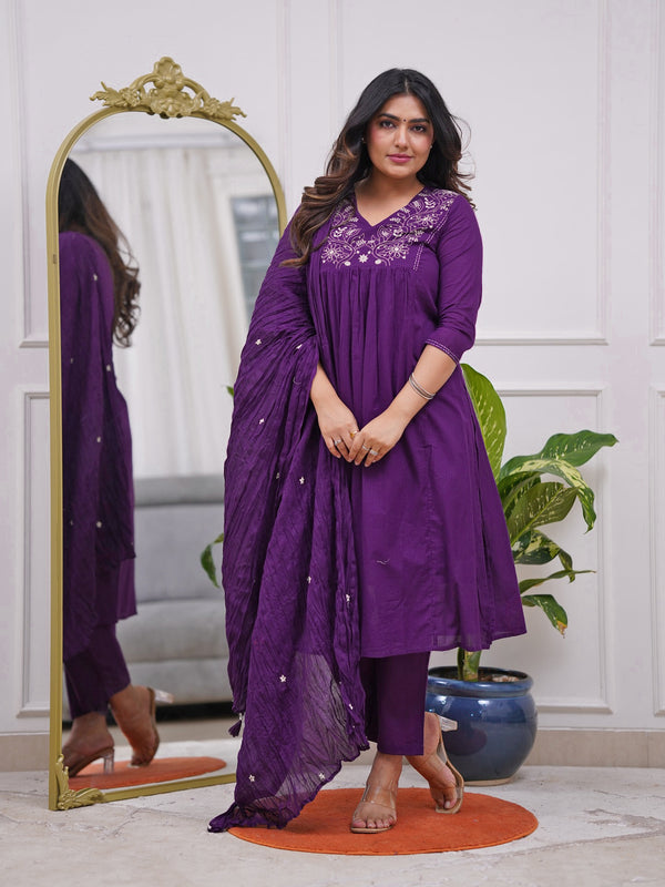 Women's Rayon Embroidered Flared Kurta Pant & Chanderi Dupatta Set
