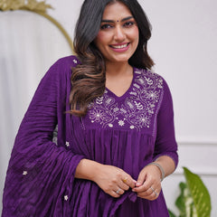Women's Rayon Embroidered Flared Kurta Pant & Chanderi Dupatta Set