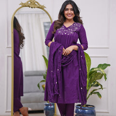 Women's Rayon Embroidered Flared Kurta Pant & Chanderi Dupatta Set