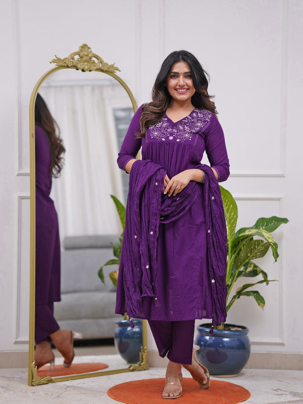 Women's Rayon Embroidered Flared Kurta Pant & Chanderi Dupatta Set