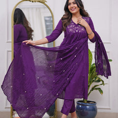 Women's Rayon Embroidered Flared Kurta Pant & Chanderi Dupatta Set