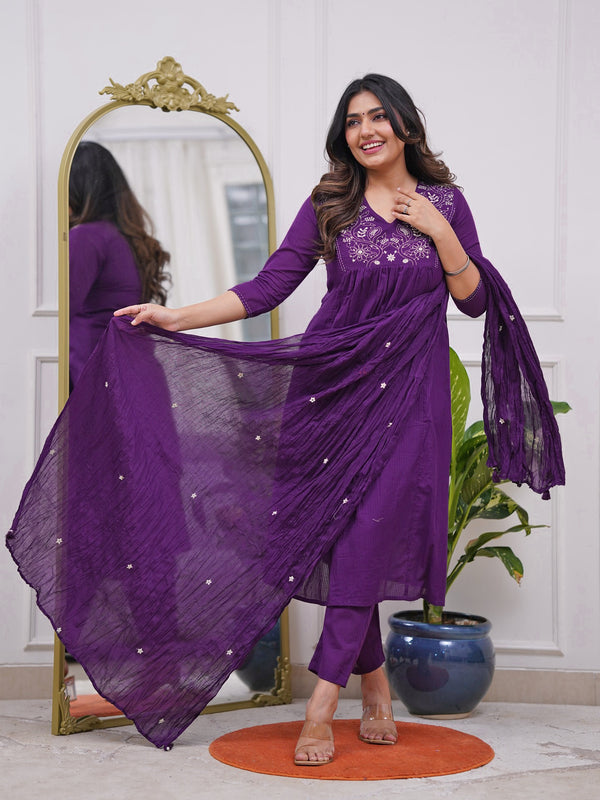 Women's Rayon Embroidered Flared Kurta Pant & Chanderi Dupatta Set